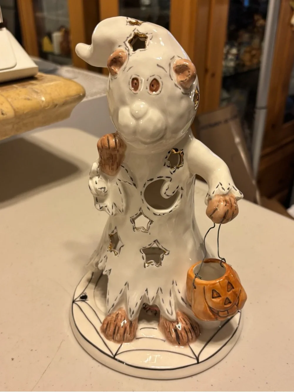 Blue sky White Ceramic Bear Ghost with Orange Pumpkin Bucket - Home Accent.